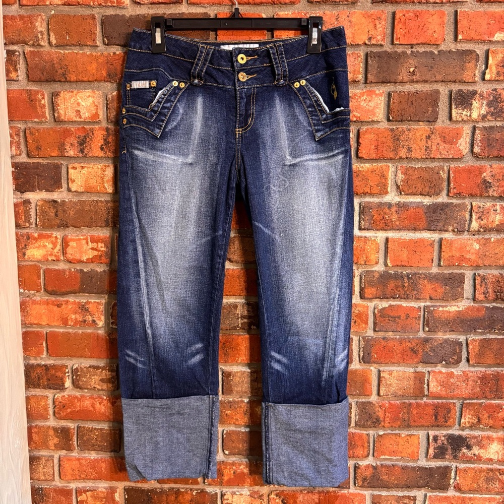 Baby Phat womens y2k cuffed mid rise cropped jeans blue 29 X 24.5